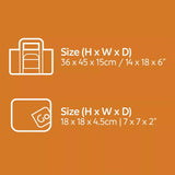 Size chart with two product illustrations and dimensions on an orange background