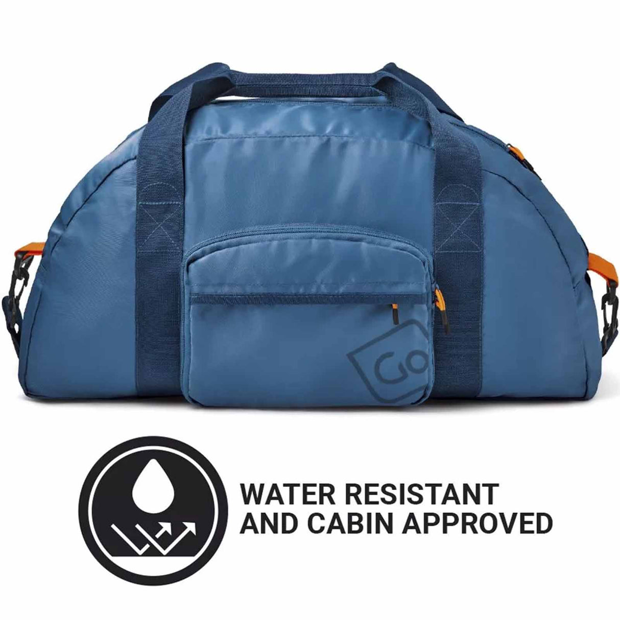 Blue duffel bag with water resistant and cabin approved label on a white background