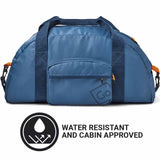 Blue duffel bag with water resistant and cabin approved label on a white background