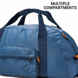Blue duffel bag with multiple compartments on a white background