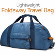 Blue foldaway travel bag with text 'Lightweight Foldaway Travel Bag' on a white background