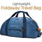 Blue foldaway travel bag with text 'Lightweight Foldaway Travel Bag' on a white background