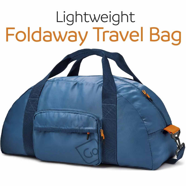 Blue foldaway travel bag with text 'Lightweight Foldaway Travel Bag' on a white background