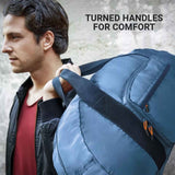 Man holding a blue backpack with text 'Turned Handles for Comfort' on a gray background