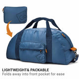 Blue duffel bag with front pocket and smaller pouch, labeled 'Go'.