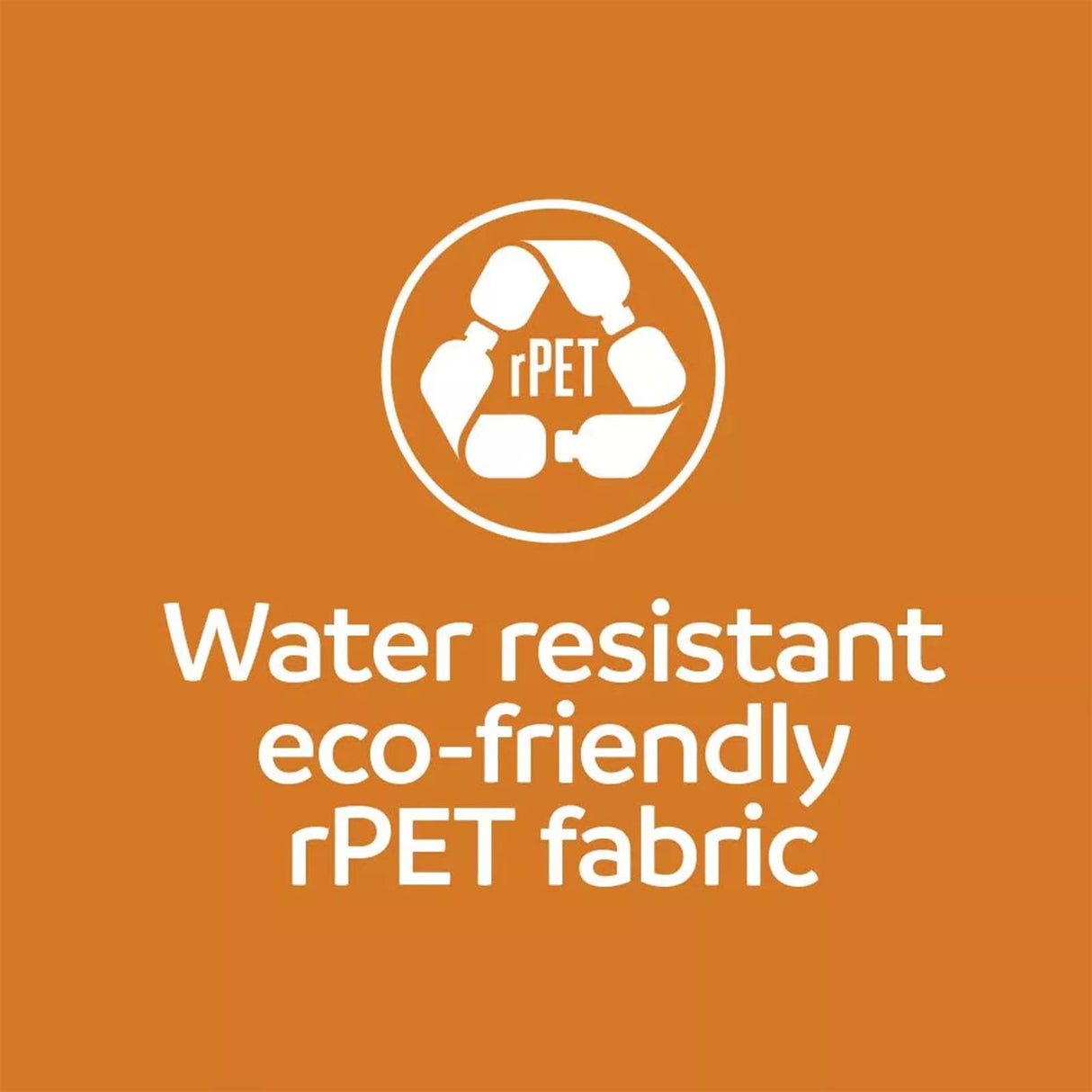 Logo and text for water-resistant, eco-friendly rPET fabric on an orange background