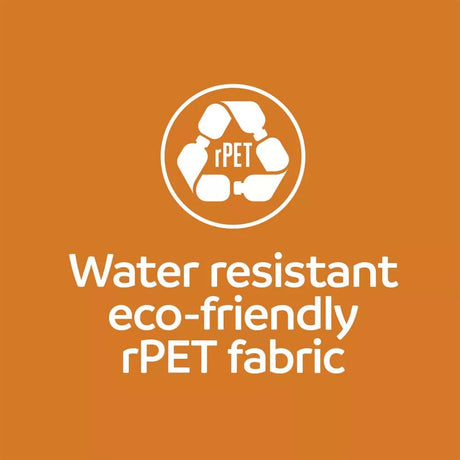 Logo and text for water-resistant, eco-friendly rPET fabric on an orange background