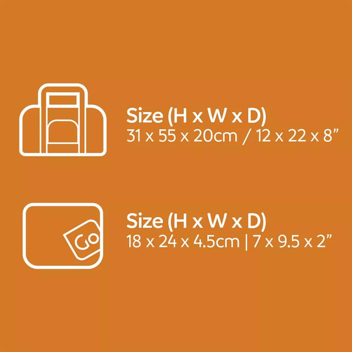 Size chart with two icons and dimensions on an orange background