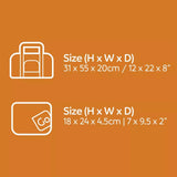 Size chart with two icons and dimensions on an orange background