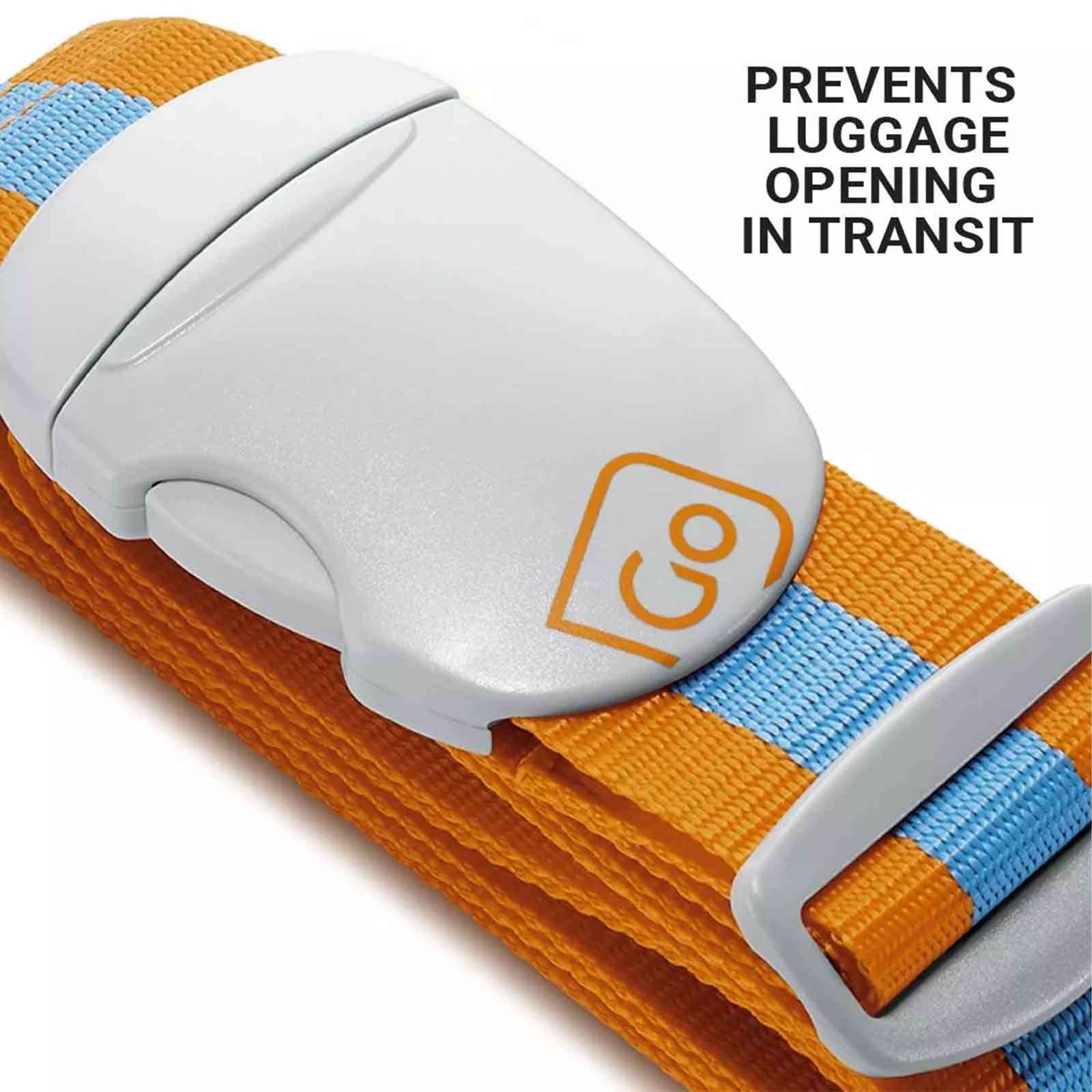 Luggage strap with a white buckle and orange and blue bands.