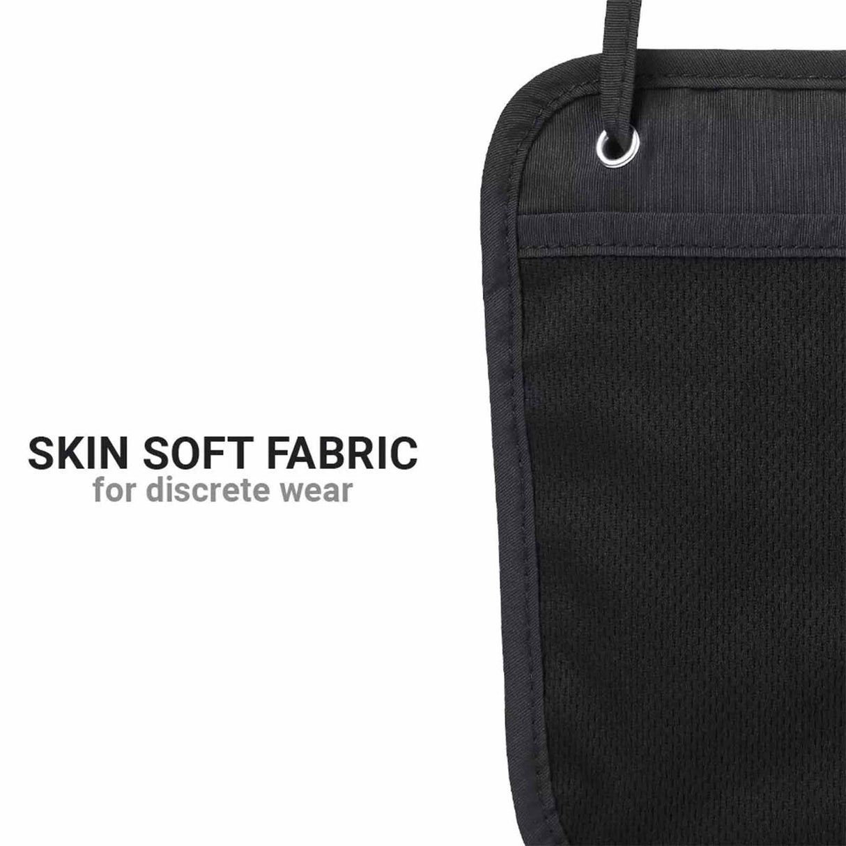 Black pouch with text 'Skin Soft Fabric for Discrete Wear' on a white background
