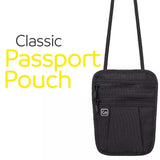 Black passport pouch with text 'Classic Passport Pouch' on a white background