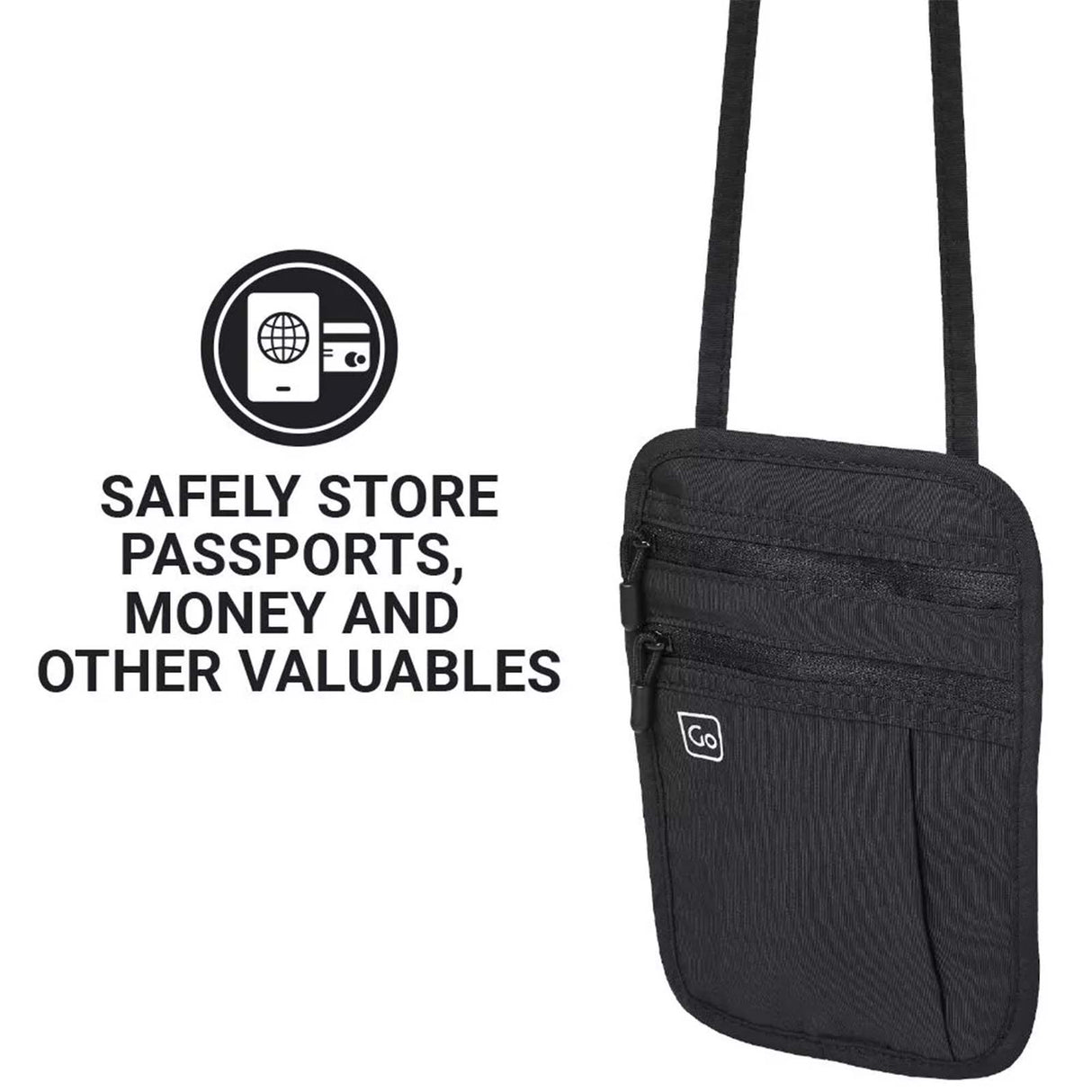 Black crossbody bag with text on a white background