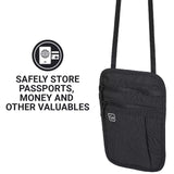 Black crossbody bag with text on a white background