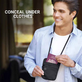 Man holding a black travel pouch with a passport, with text 'Conceal Under Clothes' above.