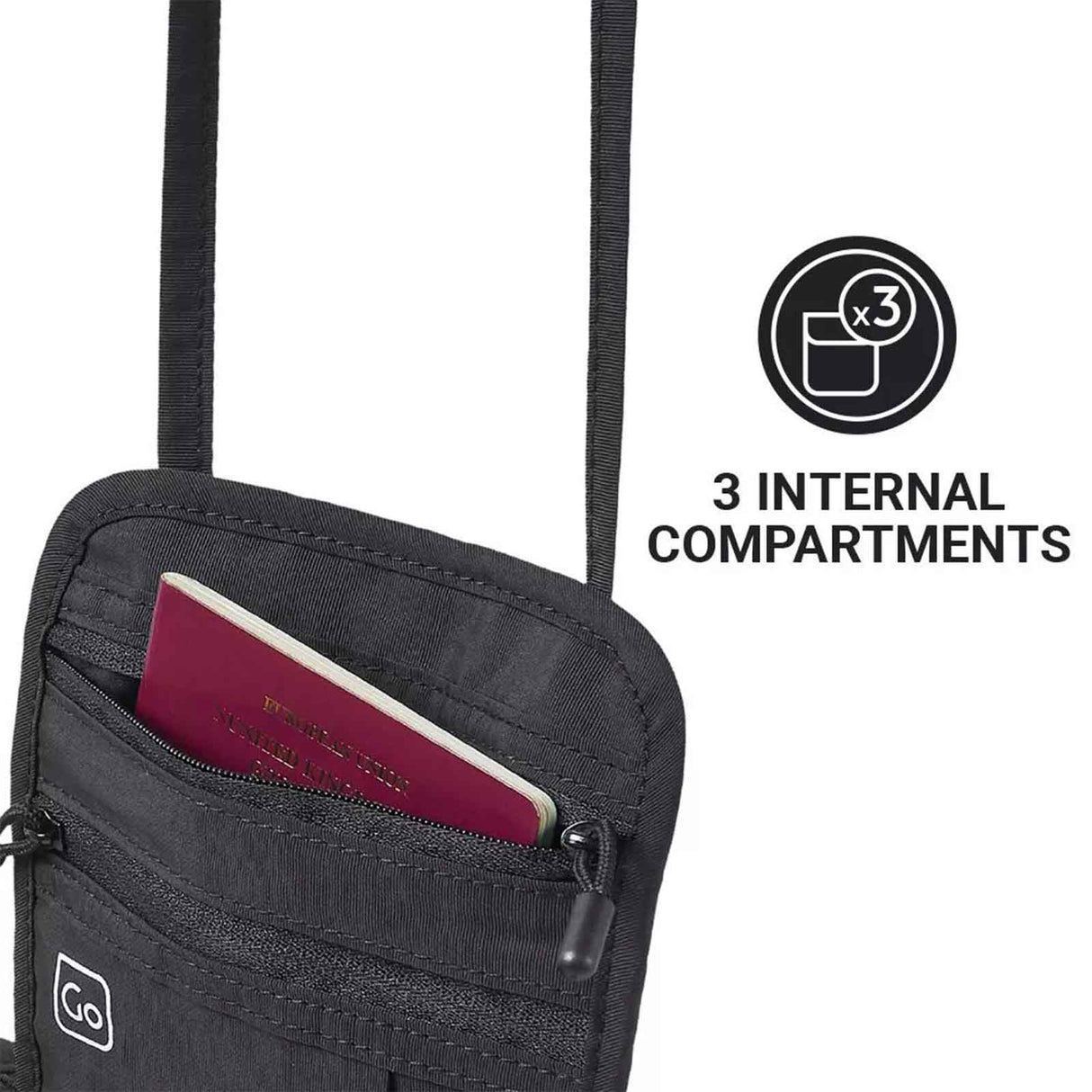 Black crossbody bag with a passport in an internal compartment, labeled '3 Internal Compartments'.