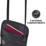 Black crossbody bag with a passport in an internal compartment, labeled '3 Internal Compartments'.