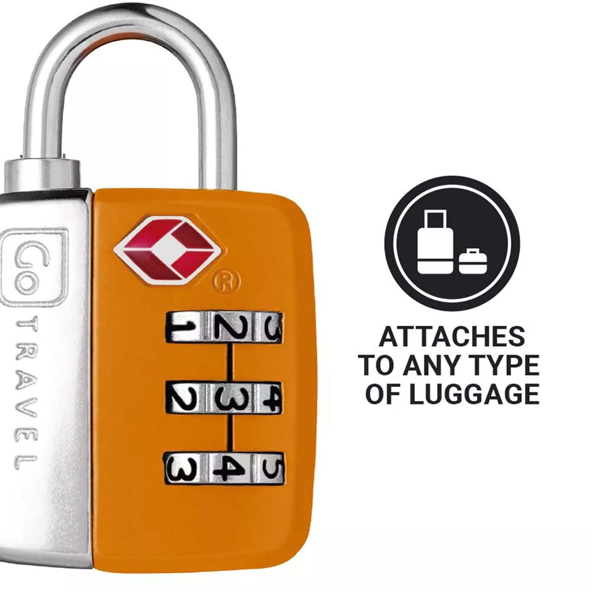 Orange combination lock with silver shackle on a white background, featuring Go Travel branding.