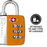 Orange combination lock with silver shackle on a white background, featuring Go Travel branding.