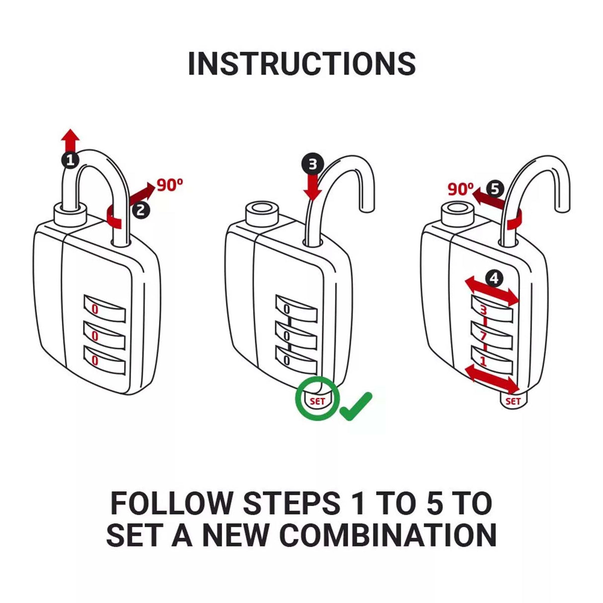 Instructions for setting a new combination on a key lock with numbered steps.