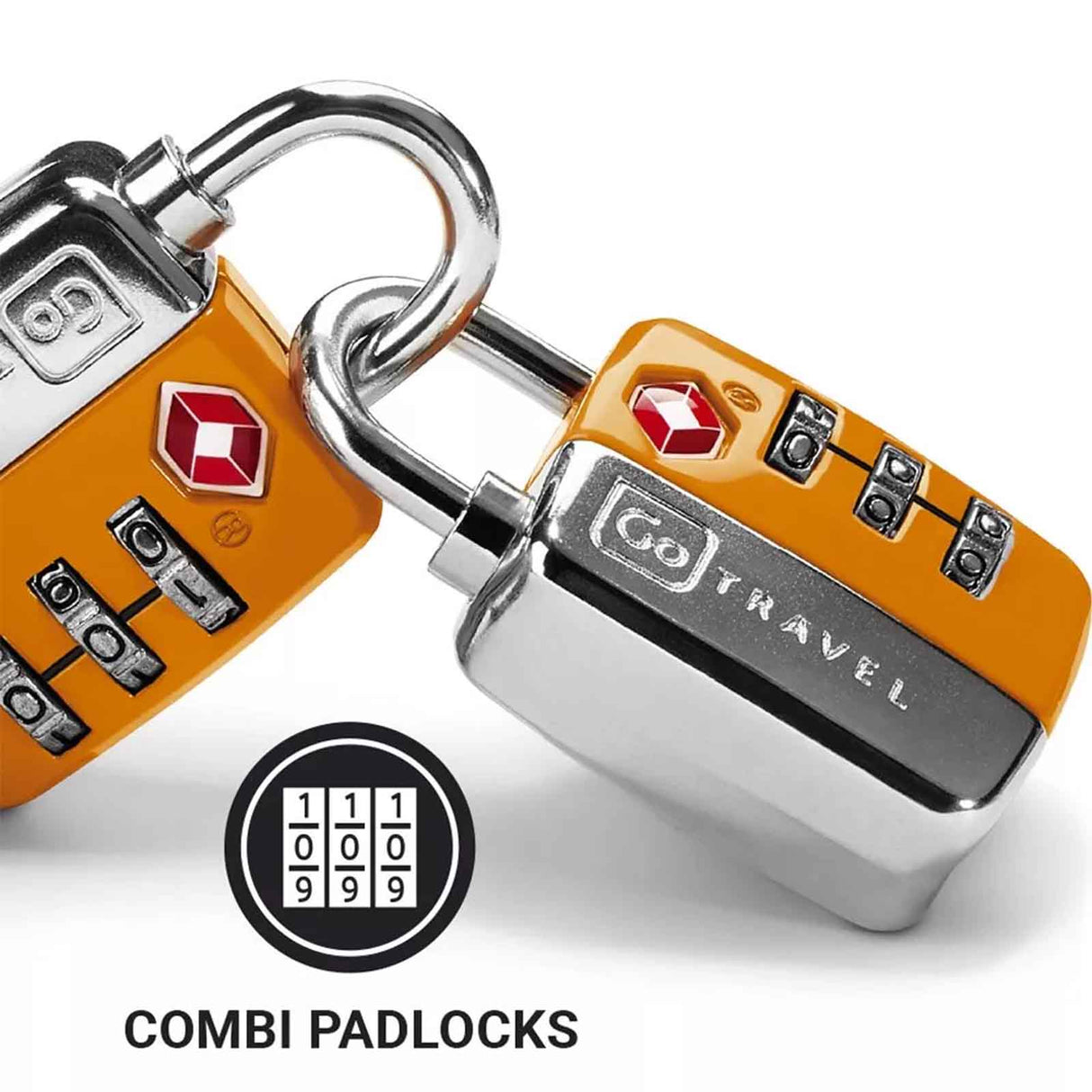 Two orange travel padlocks with a visible brand logo on a white background