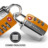 Two orange travel padlocks with a visible brand logo on a white background