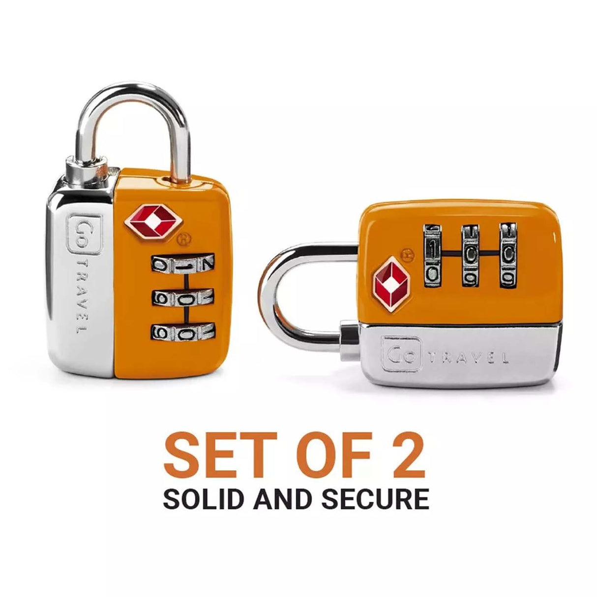 Set of two orange travel locks with silver accents on a white background