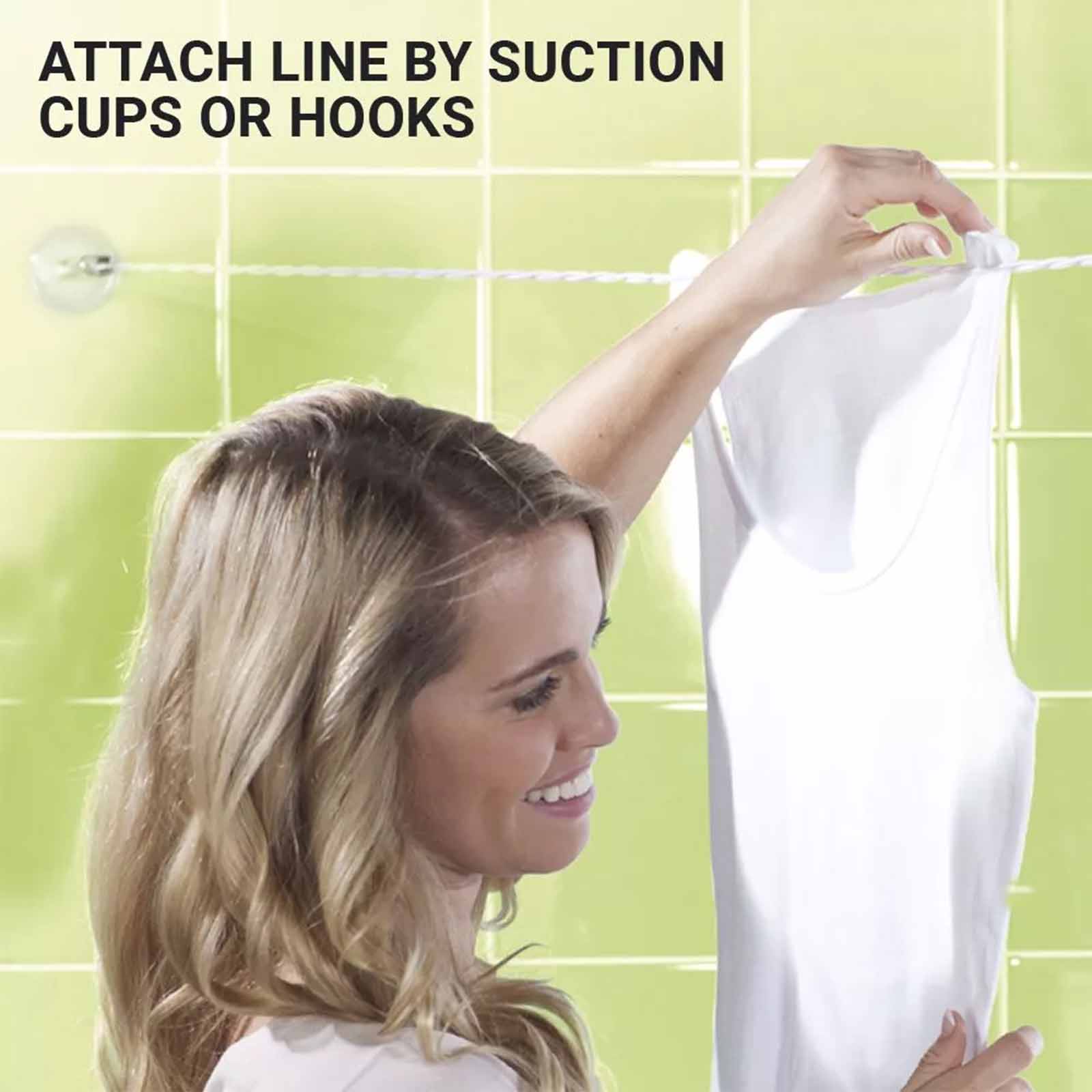 Pegless washing line with suction cups on a white background