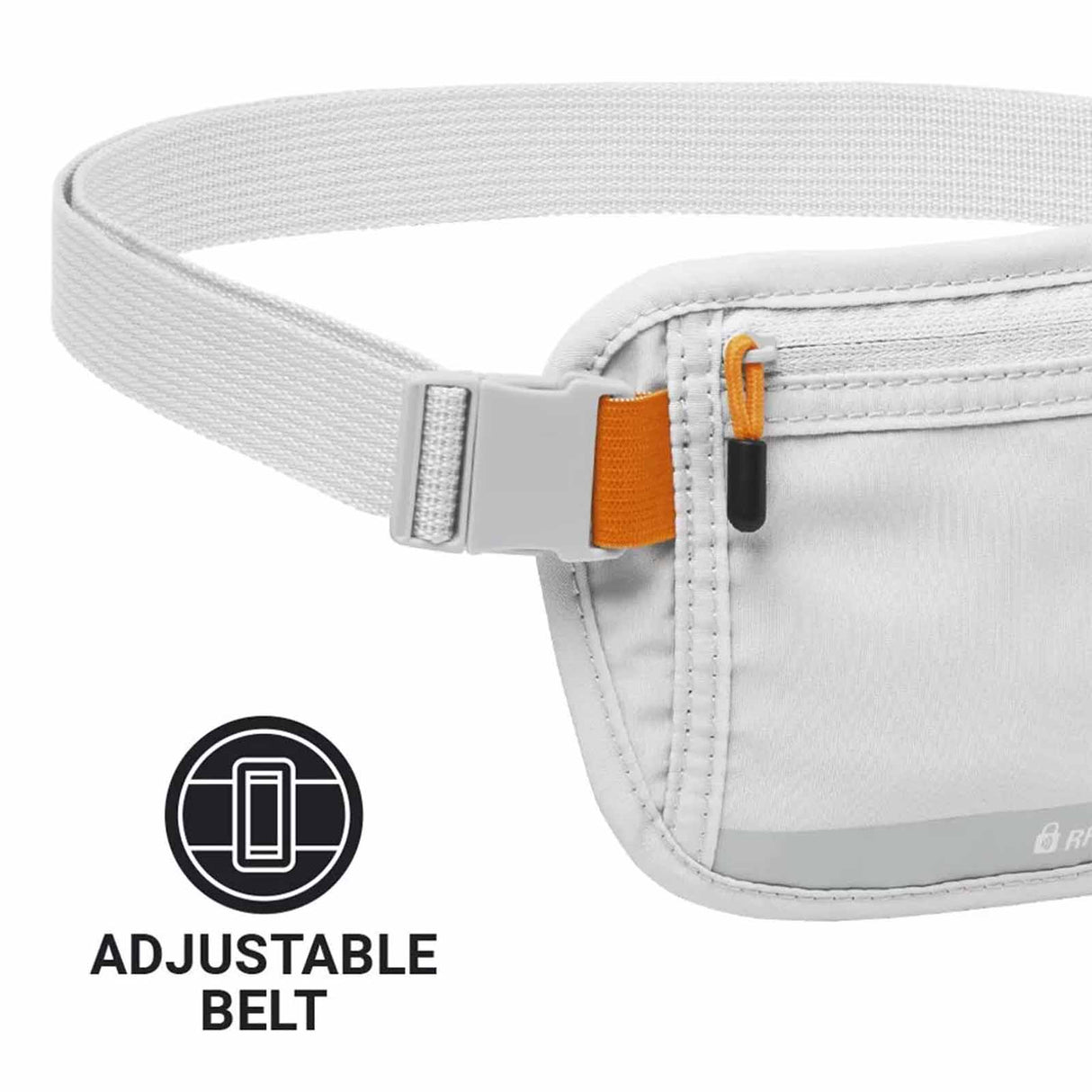 Grey waist bag with an adjustable belt and orange zipper on a white background