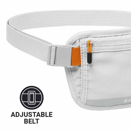 Grey waist bag with an adjustable belt and orange zipper on a white background