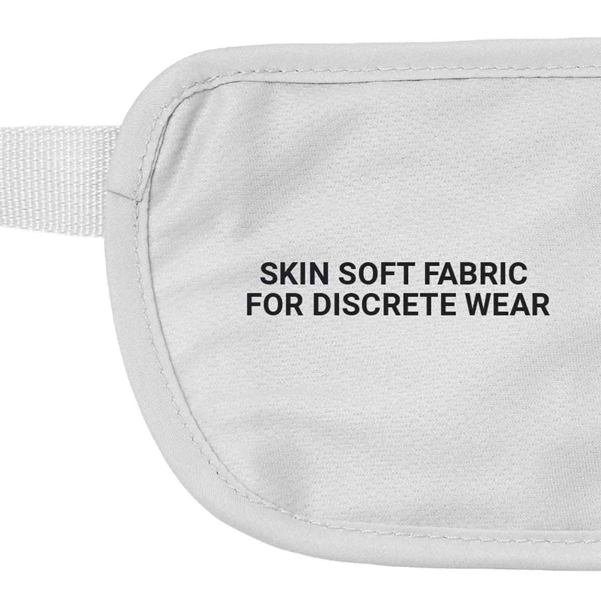 Gray pouch with text 'SKIN SOFT FABRIC FOR DISCRETE WEAR' on a white background