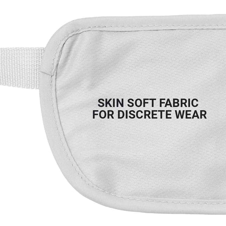 Gray pouch with text 'SKIN SOFT FABRIC FOR DISCRETE WEAR' on a white background