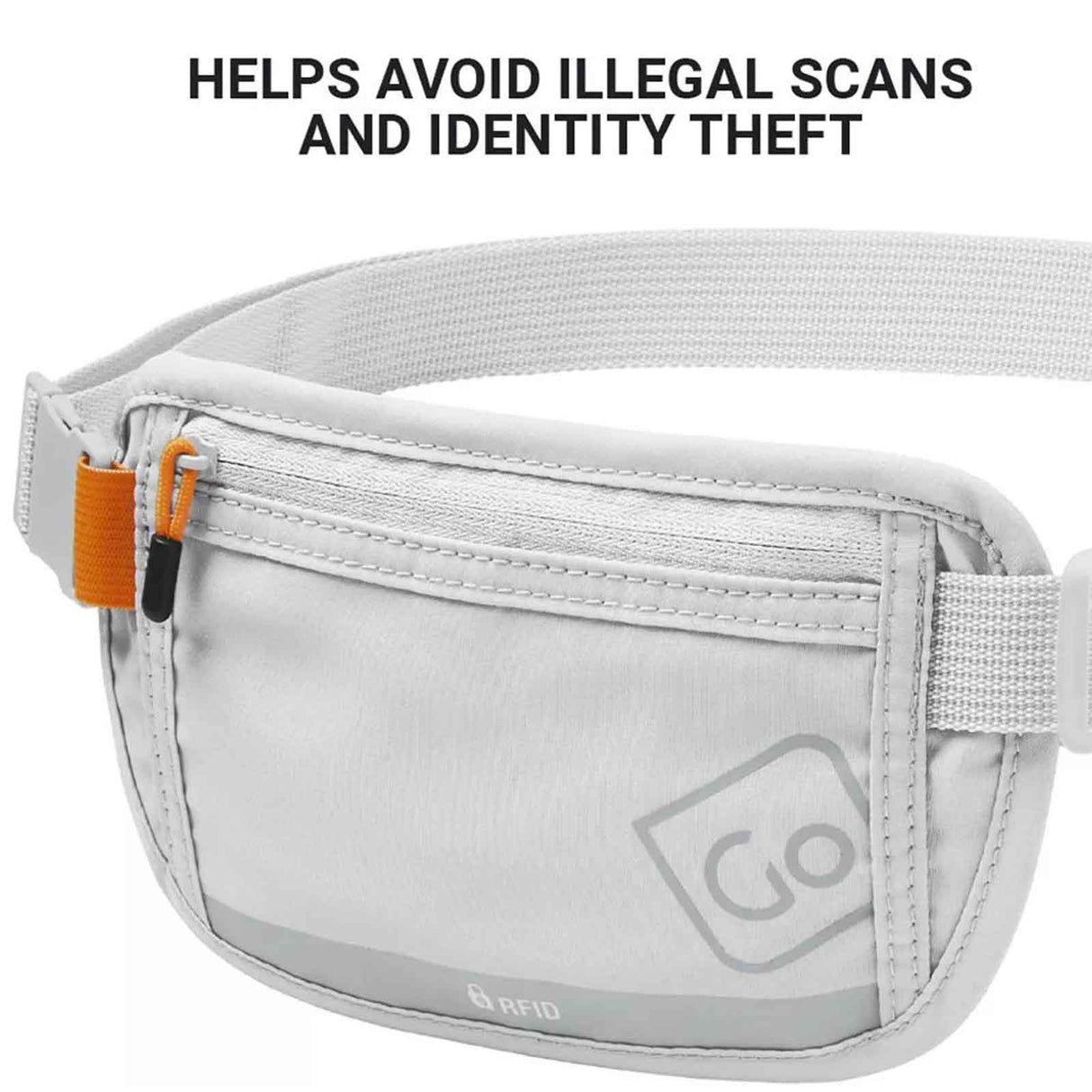 Gray waist bag with an orange tag and 'GO' logo, featuring text about avoiding illegal scans and identity theft.