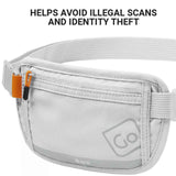 Gray waist bag with an orange tag and 'GO' logo, featuring text about avoiding illegal scans and identity theft.