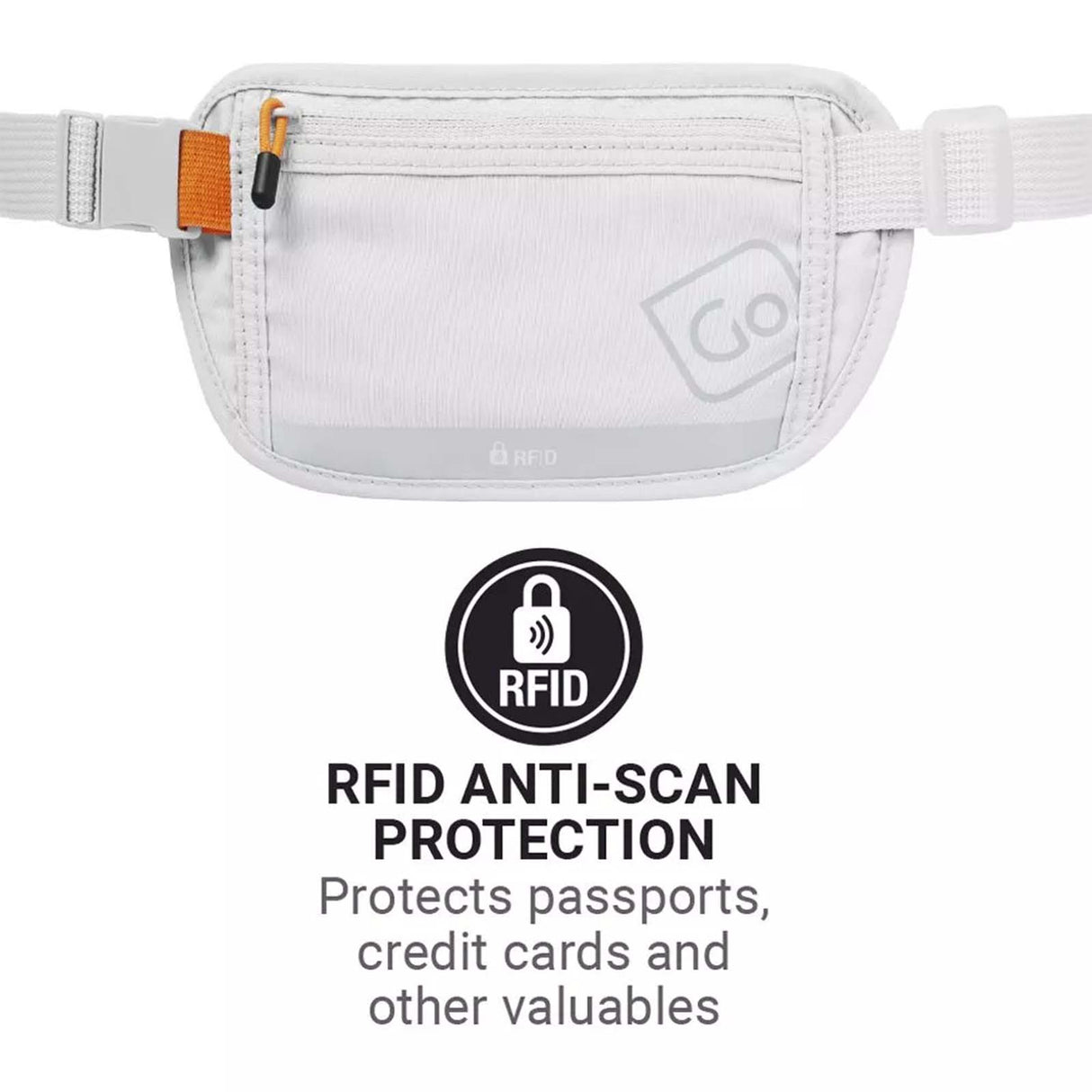 Grey waist bag with RFID anti-scan protection feature on a white background