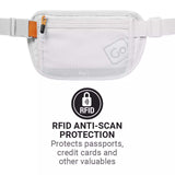 Grey waist bag with RFID anti-scan protection feature on a white background