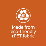Logo and text indicating eco-friendly rPET fabric on an orange background