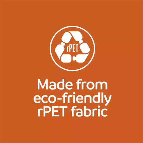 Logo and text indicating eco-friendly rPET fabric on an orange background