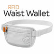 Gray waist wallet with orange accents on a white background, labeled 'RFID Waist Wallet'.