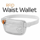 Gray waist wallet with orange accents on a white background, labeled 'RFID Waist Wallet'.