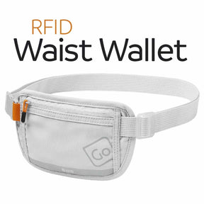 Gray waist wallet with orange accents on a white background, labeled 'RFID Waist Wallet'.