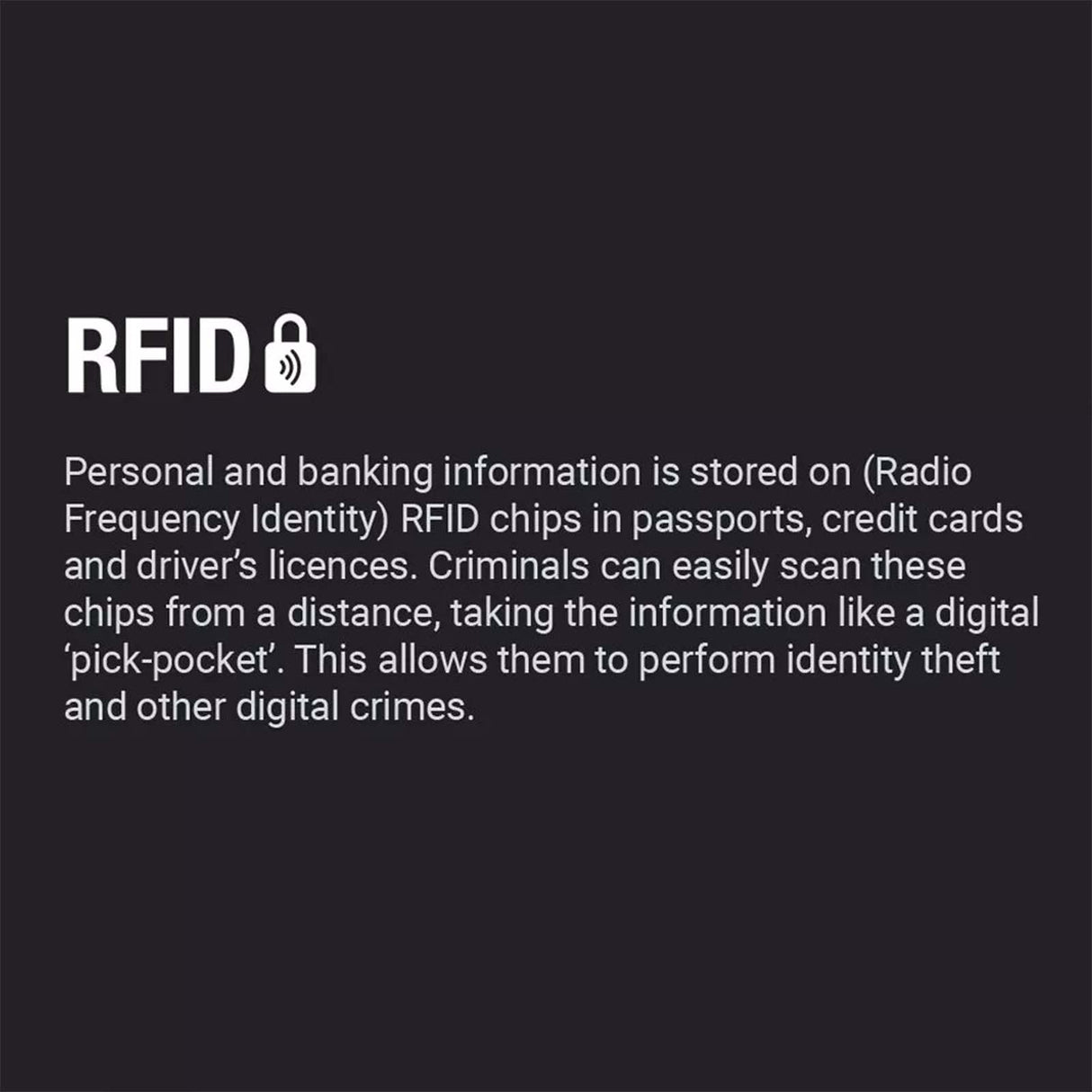 Text explaining RFID technology and its security risks on a black background