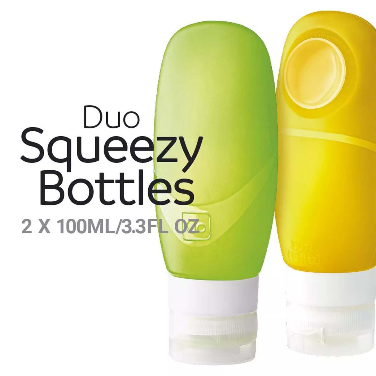 Two squeezable bottles, one green and one yellow, with text indicating 'Duo Squeezy Bottles' and capacity on a white background.