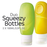 Two squeezable bottles, one green and one yellow, with text indicating 'Duo Squeezy Bottles' and capacity on a white background.