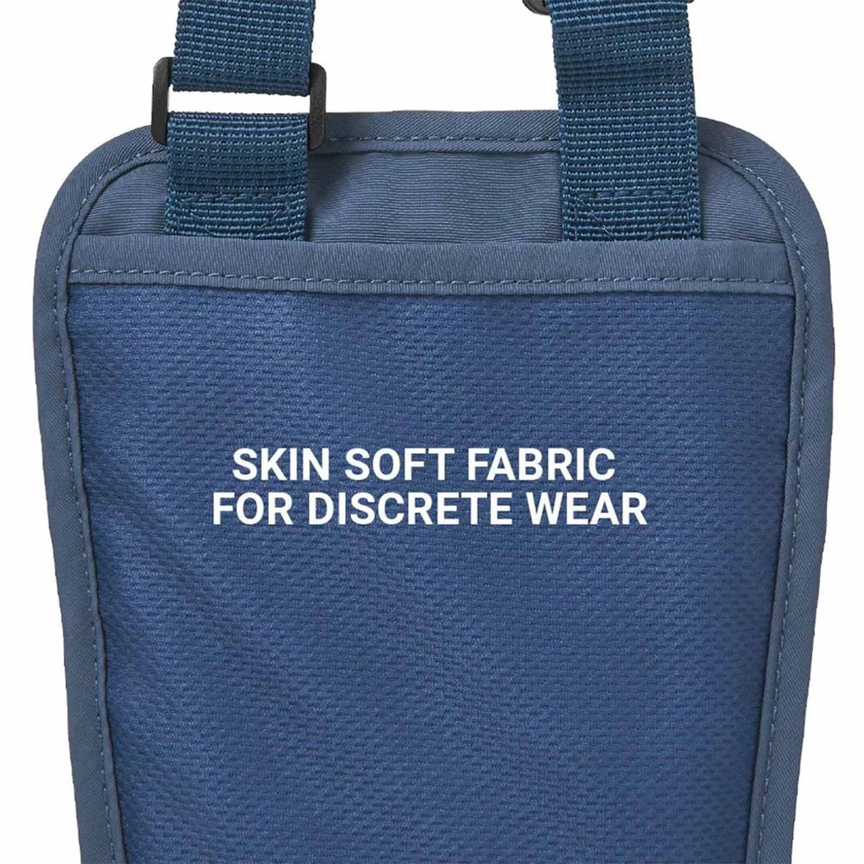 Blueberry RFID pouch with text 'Skin Soft Fabric for Discrete Wear' on a white background