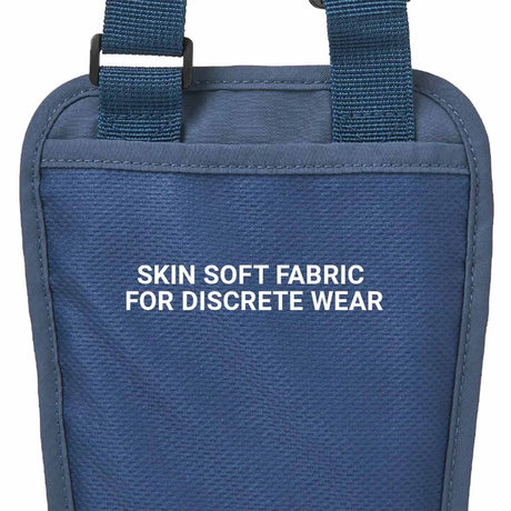 Blueberry RFID pouch with text 'Skin Soft Fabric for Discrete Wear' on a white background