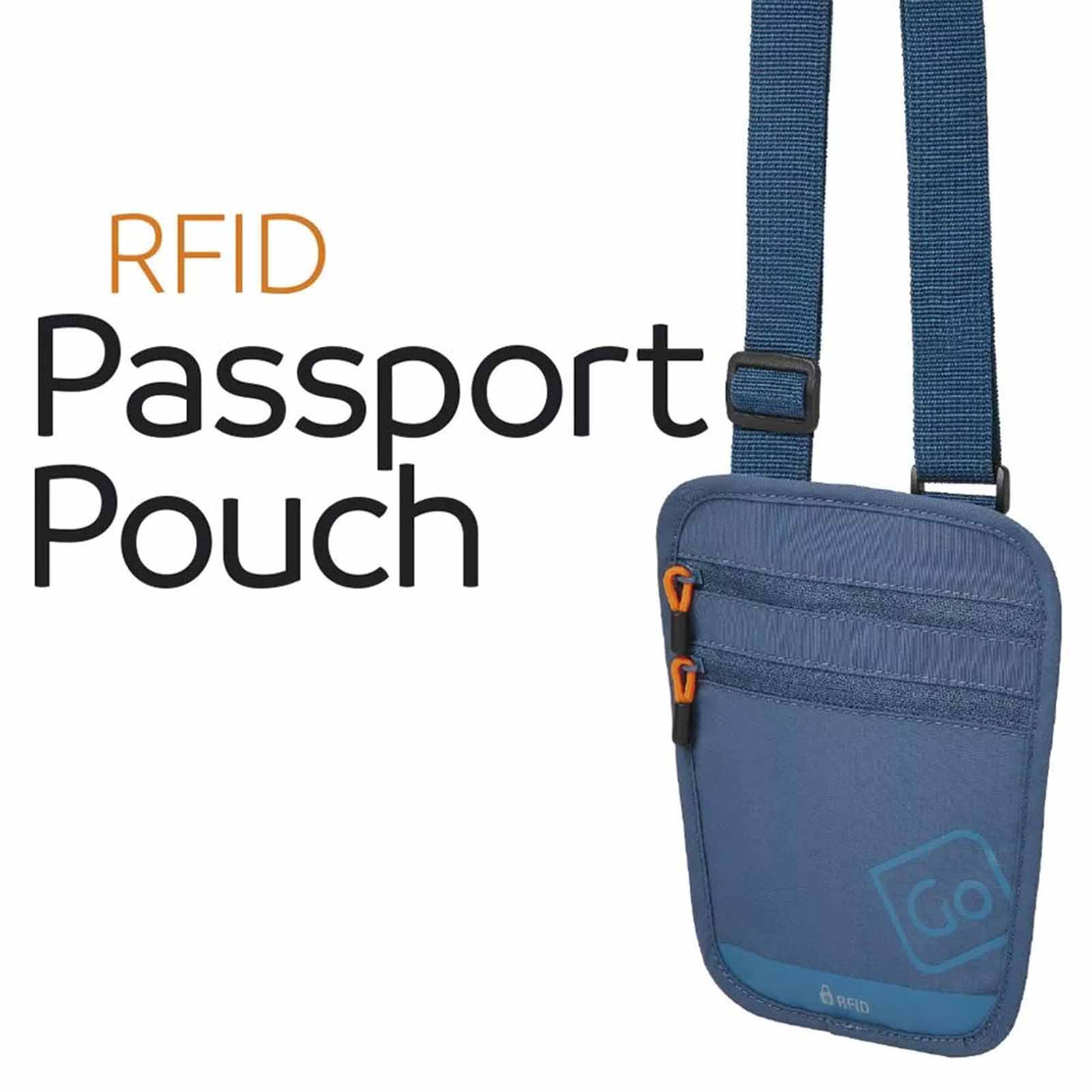 Blueberry RFID passport pouch with a strap on a white background