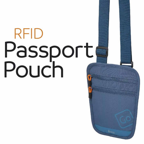 Blueberry RFID passport pouch with a strap on a white background