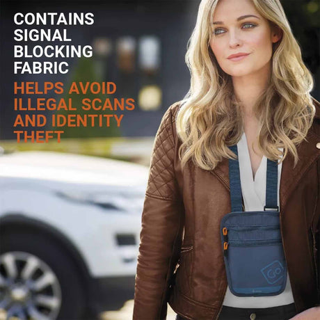 Woman wearing a Blueberry RFID passport pouch with text about signal blocking fabric.
