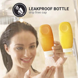 Woman holding two leakproof bottles with a shower in the background
